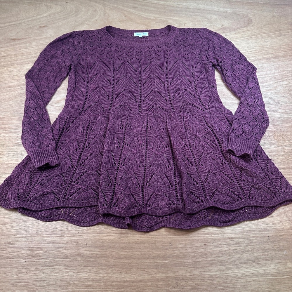 Grace & Lace Open Knit Peplum Sweater Large Wine Purple/Plum Boho Sheer LS
